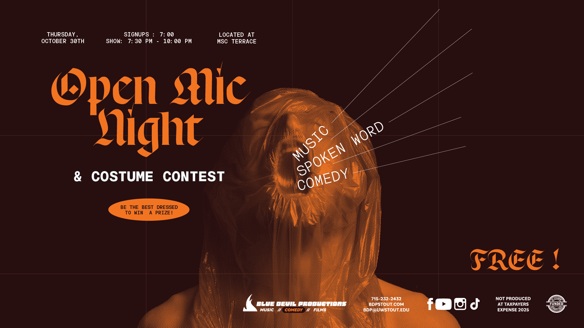 Digital Signage Poster displaying the Halloween Open Mic Night Costume Competition.