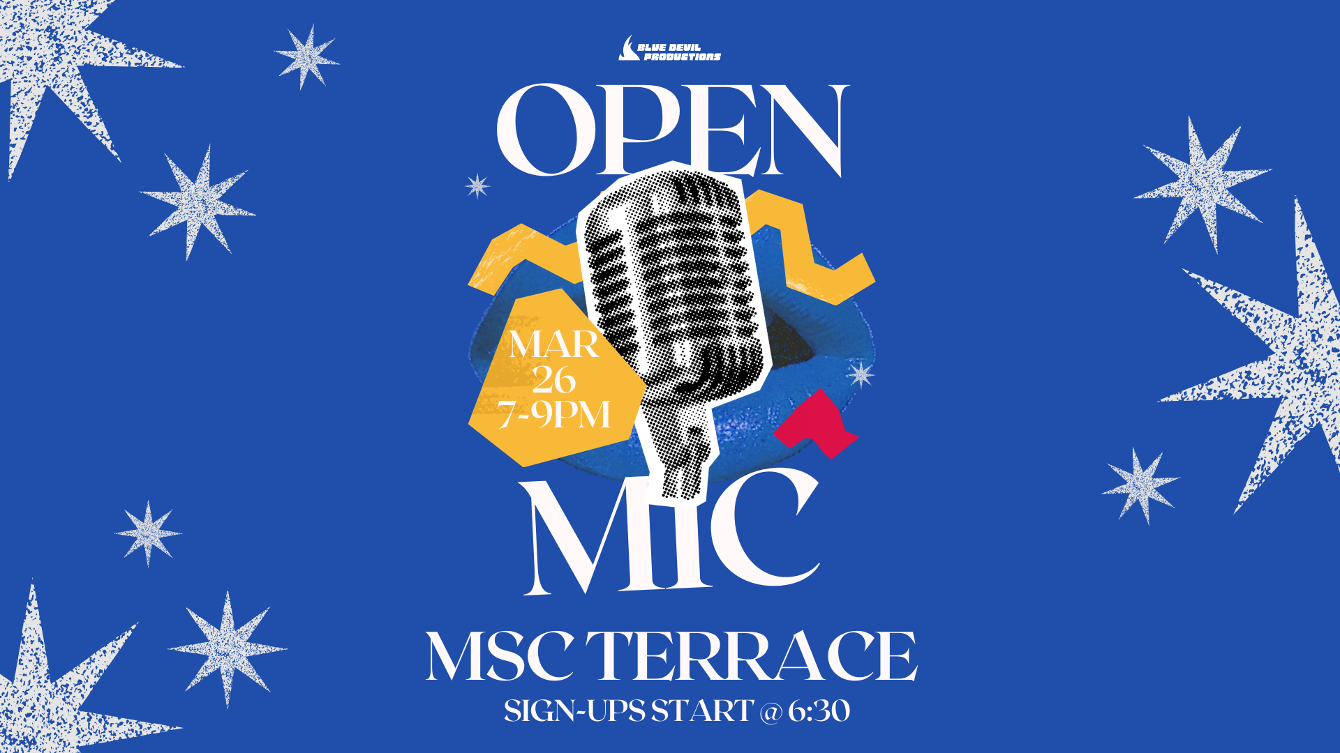 Digital Signage Poster displaying Open Mic Night on March 26th 2026