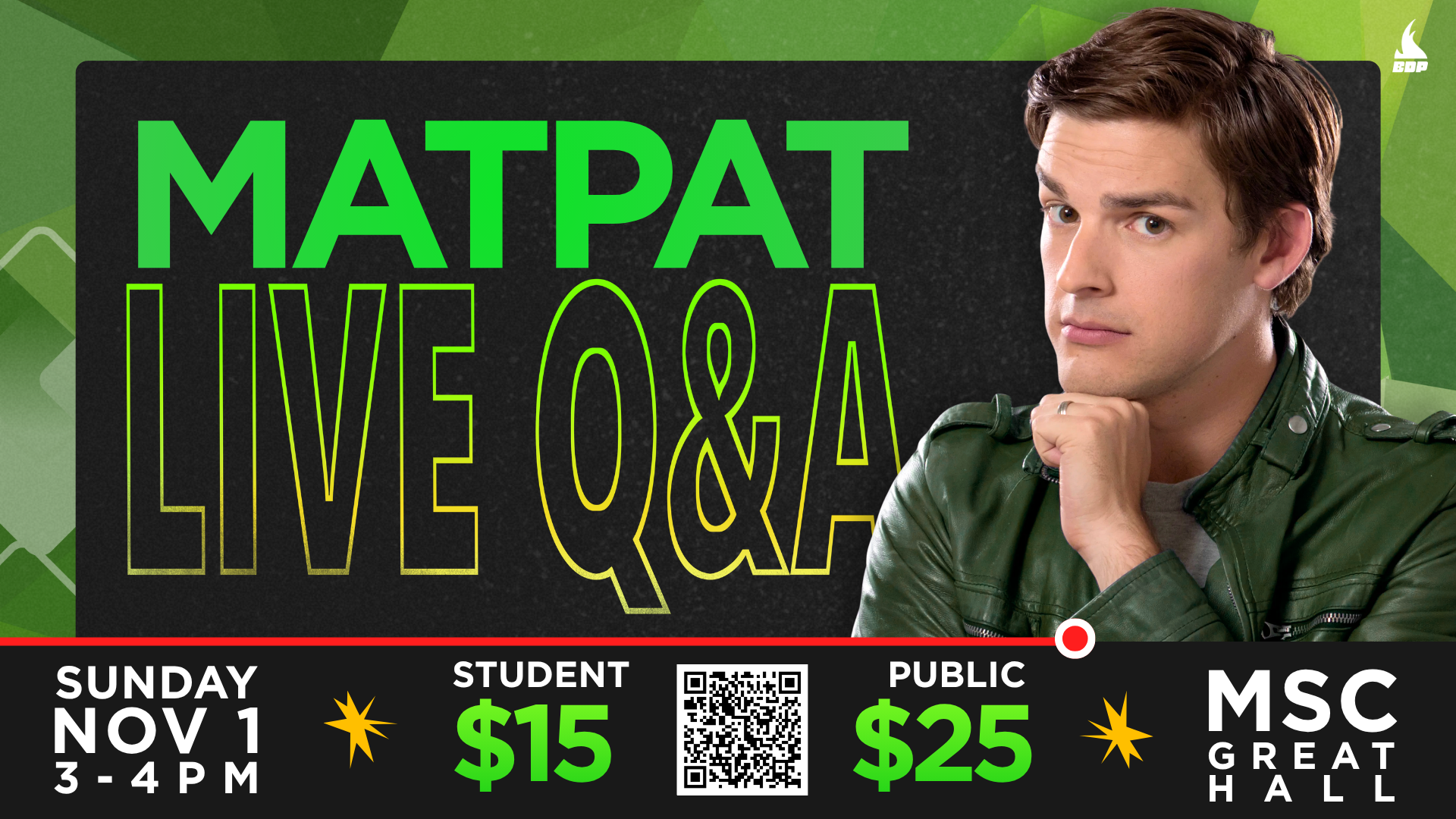 A Digital Signage our live show on Novermber 1st, a live Q&A with MatPat, the founder and former-host of the Theory Channels on YouTube.