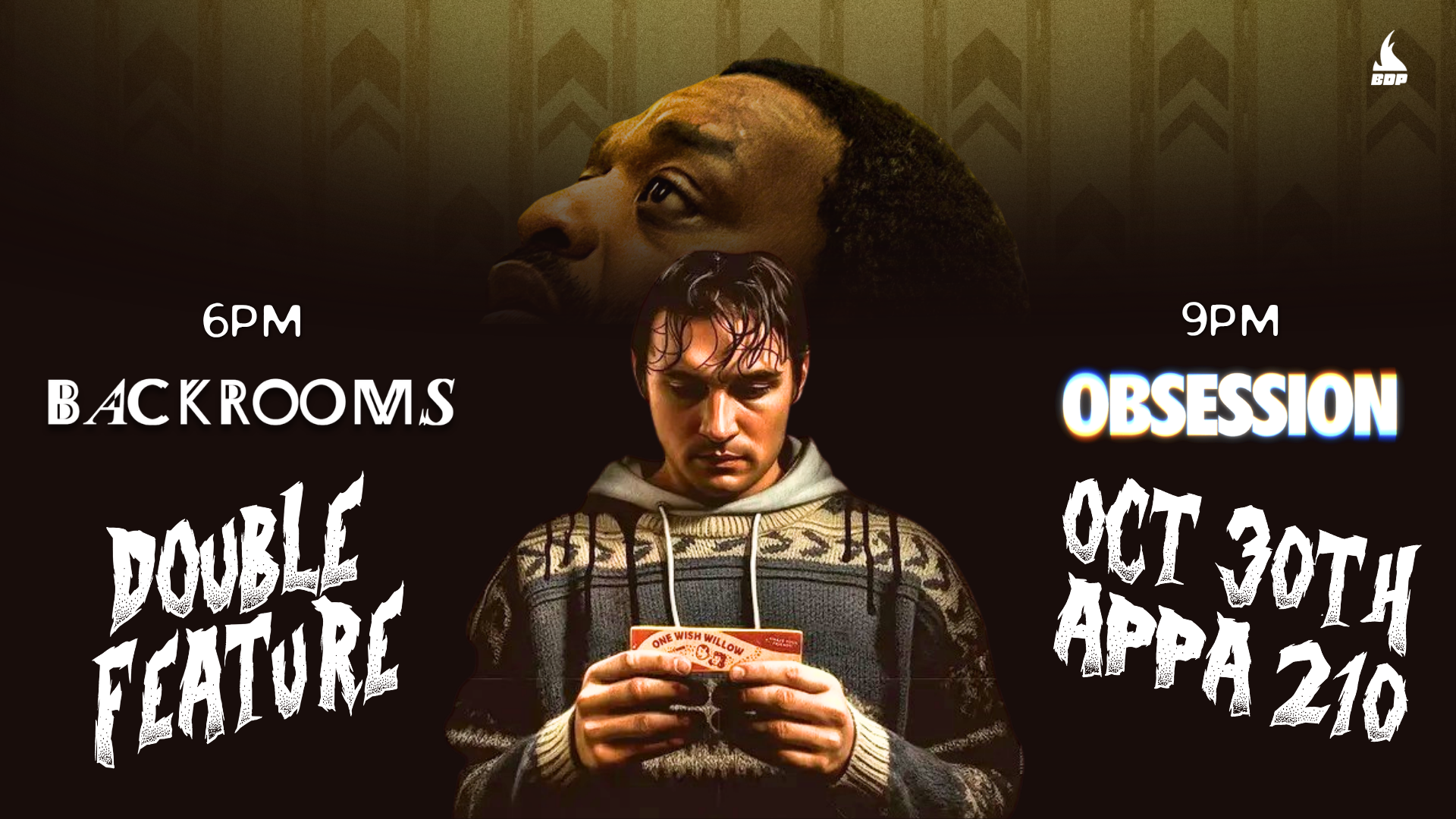 A digital signage for the double feature screening of Obsession and Backrooms.