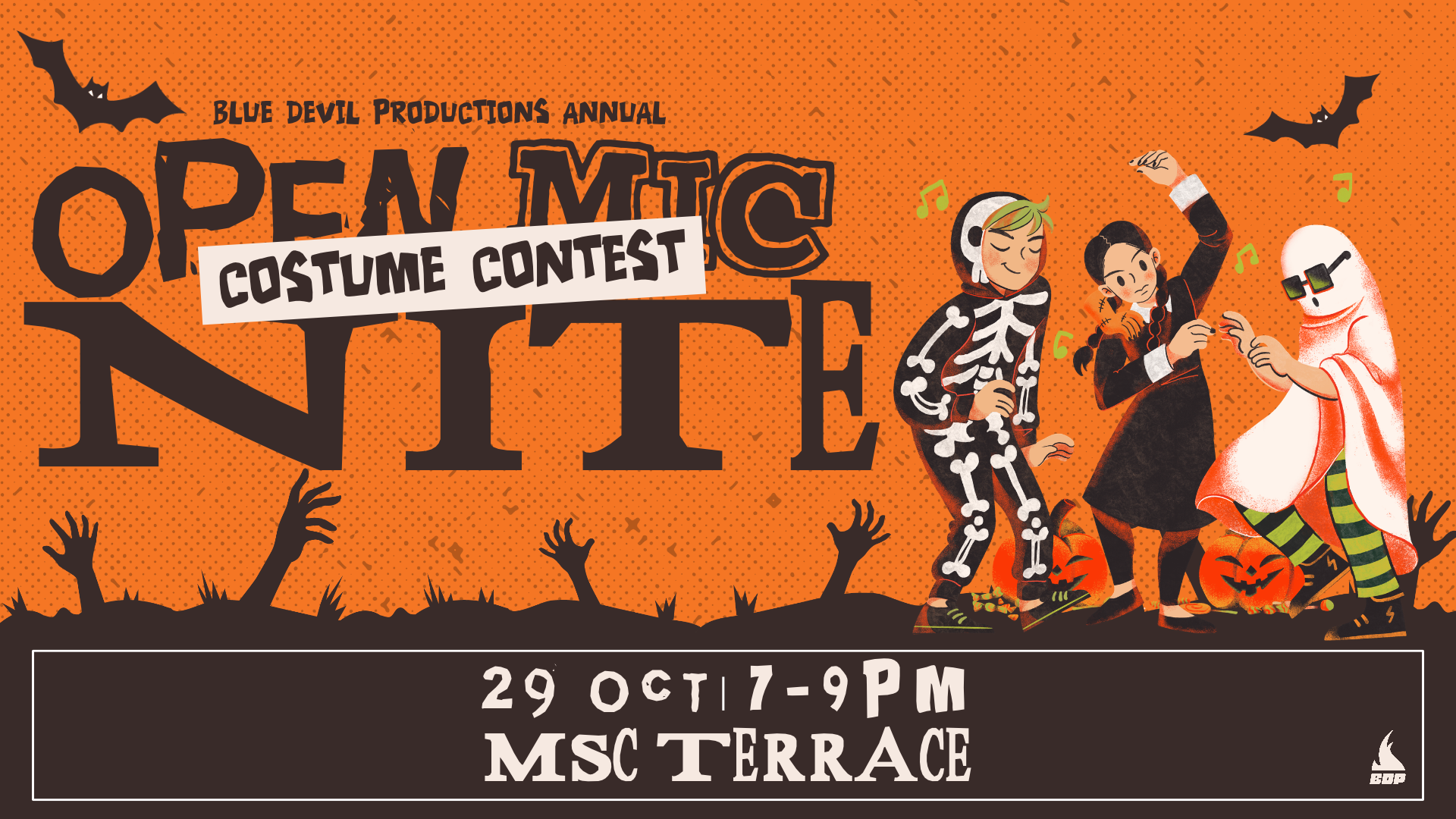 A Digital Signage for the Open Mic Constume Contest Night on October 29th.